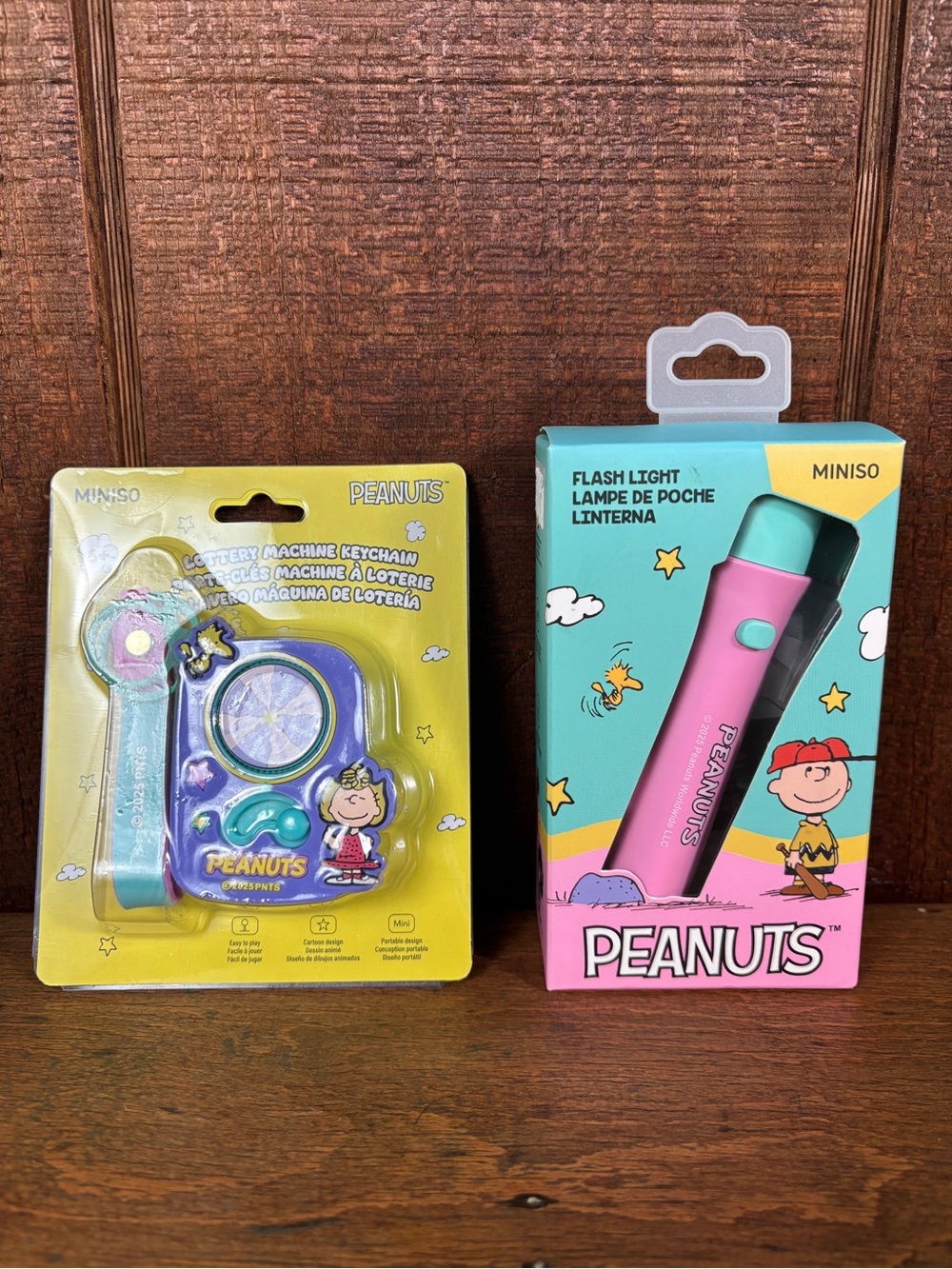 Peanuts Snoopy Miniso Pink Flashlight and Keychain/Bag Charm set, pink, blue
